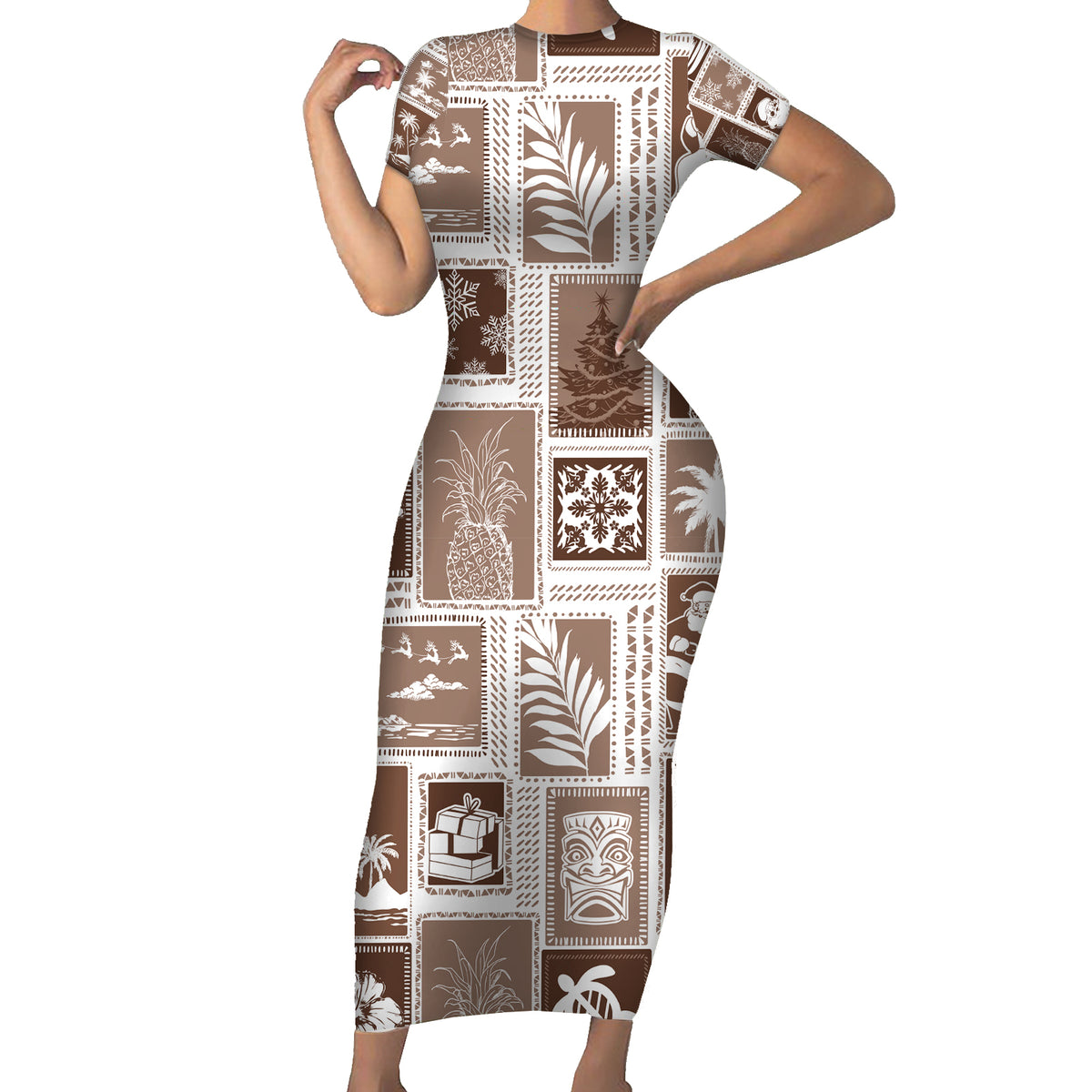 Hawaii Christmas Retro Patchwork Family Matching Short Sleeve Bodycon Dress and Hawaiian Shirt Brown - Wonder Print Shop
