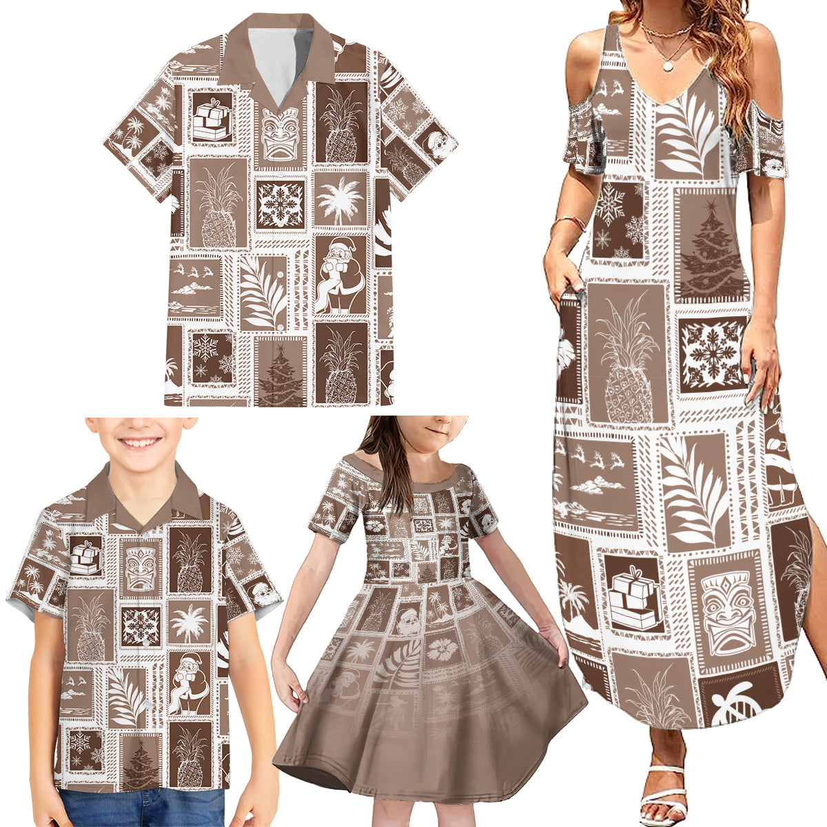 Hawaii Christmas Retro Patchwork Family Matching Summer Maxi Dress and Hawaiian Shirt Brown - Wonder Print Shop