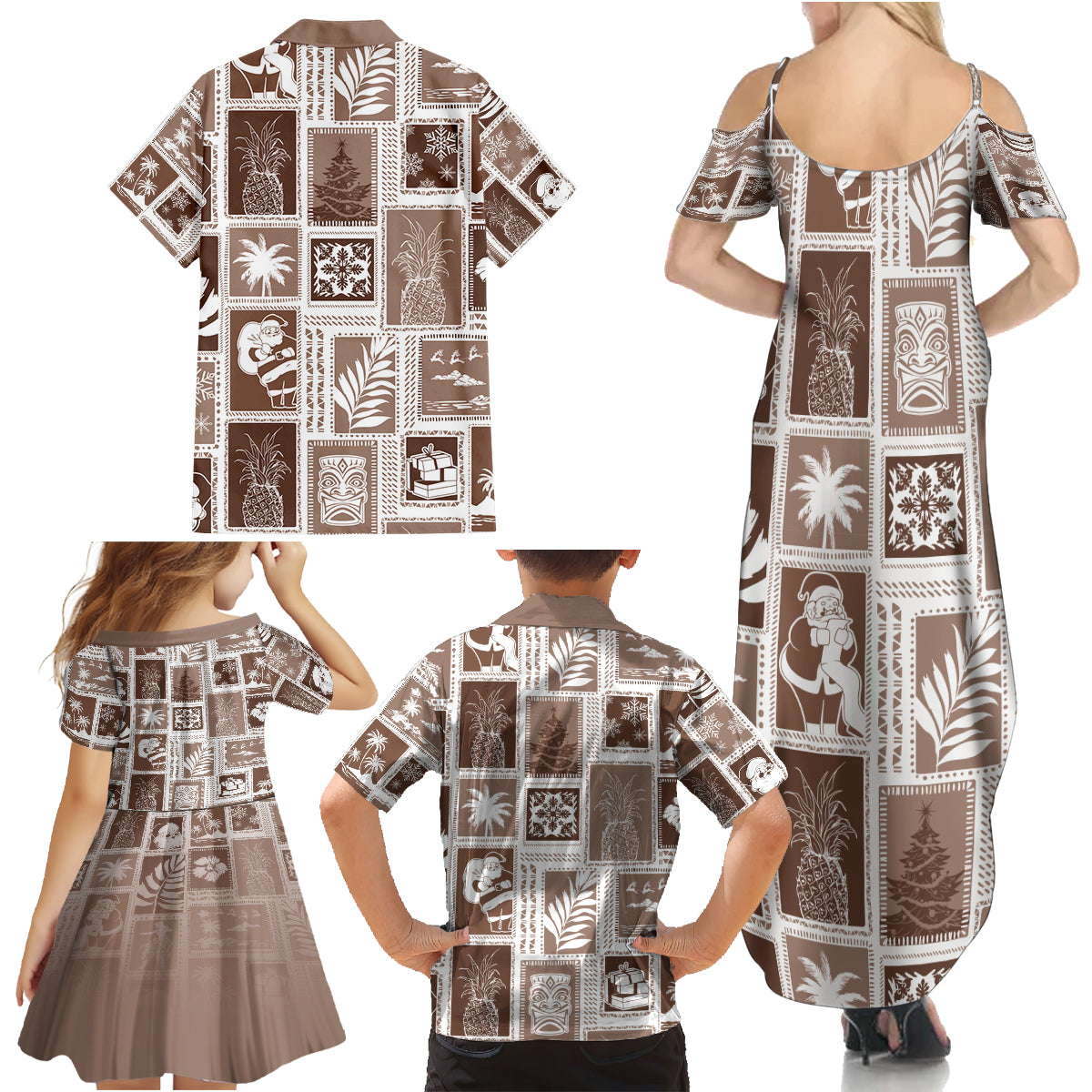 Hawaii Christmas Retro Patchwork Family Matching Summer Maxi Dress and Hawaiian Shirt Brown - Wonder Print Shop