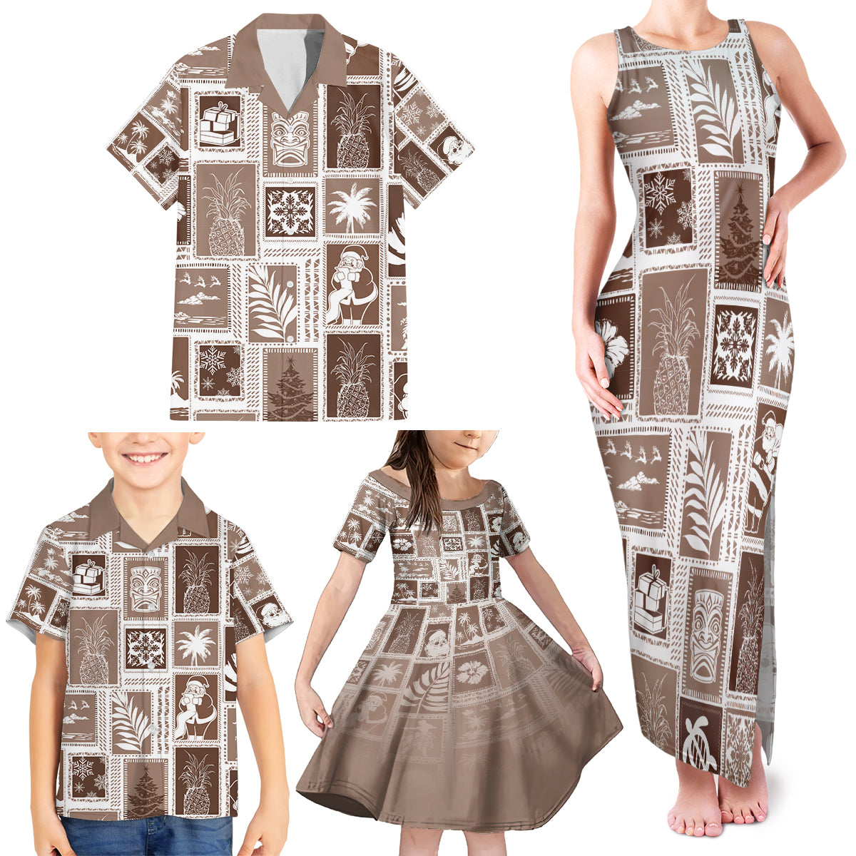 Hawaii Christmas Retro Patchwork Family Matching Tank Maxi Dress and Hawaiian Shirt Brown - Wonder Print Shop