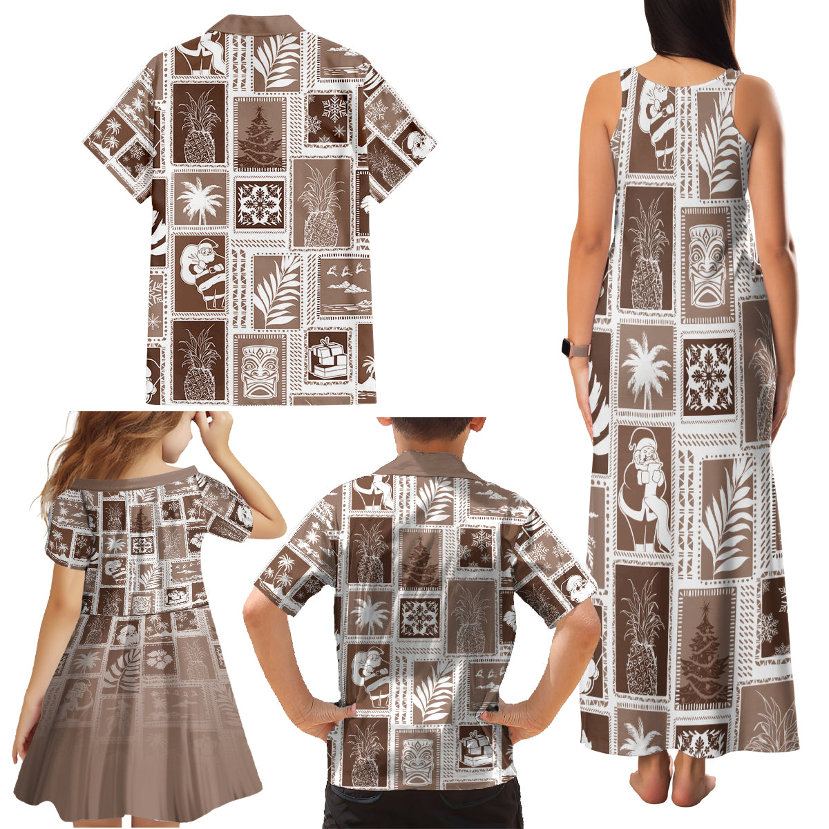 Hawaii Christmas Retro Patchwork Family Matching Tank Maxi Dress and Hawaiian Shirt Brown - Wonder Print Shop