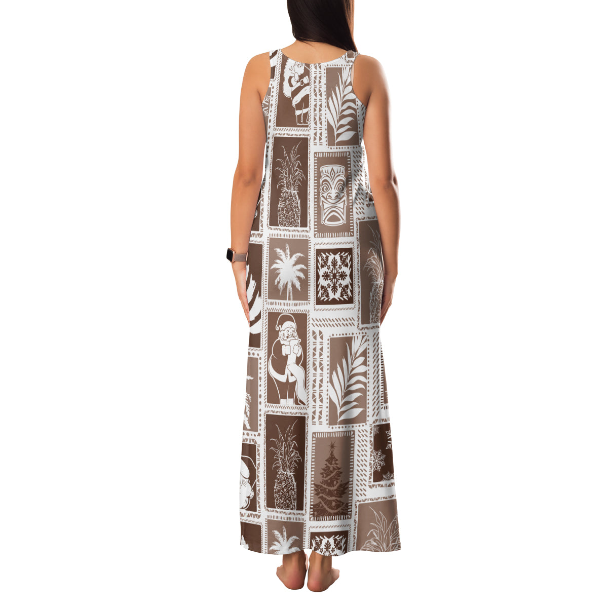 Hawaii Christmas Retro Patchwork Family Matching Tank Maxi Dress and Hawaiian Shirt Brown - Wonder Print Shop