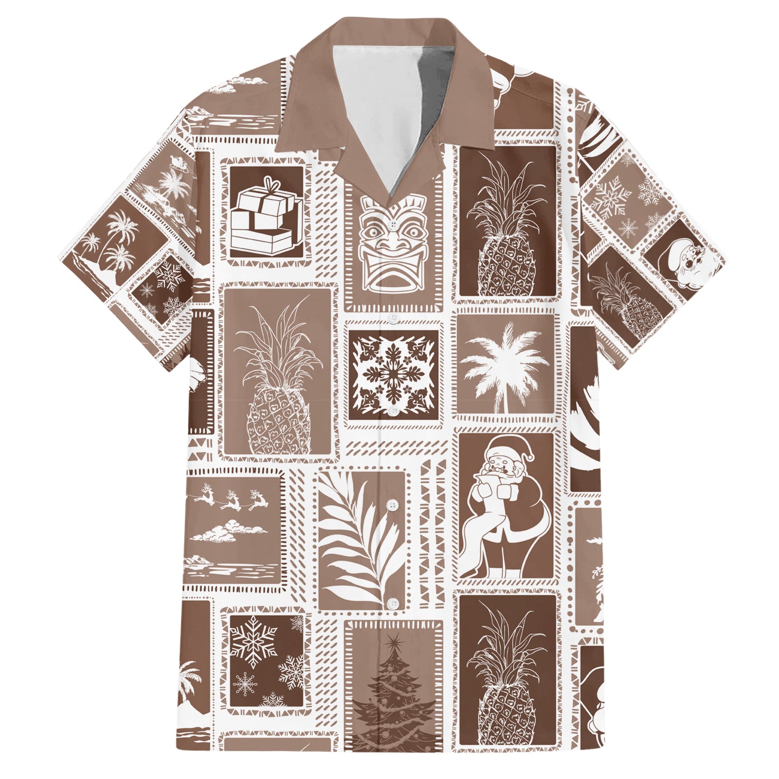 Hawaii Christmas Retro Patchwork Hawaiian Shirt Brown - Wonder Print Shop