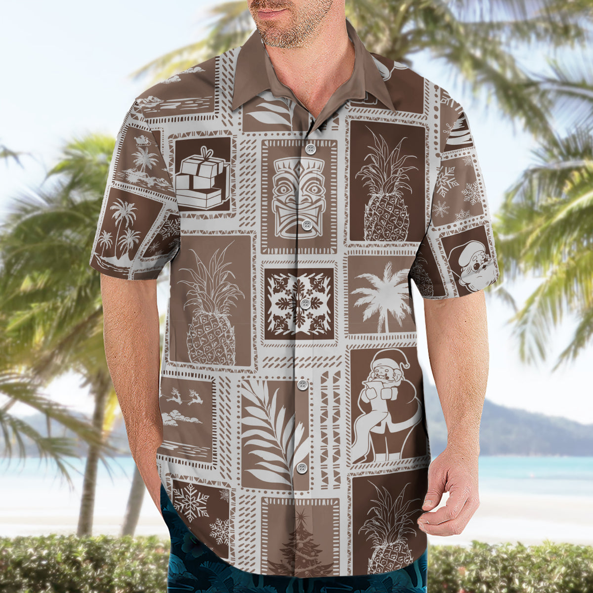 Hawaii Christmas Retro Patchwork Hawaiian Shirt Brown - Wonder Print Shop