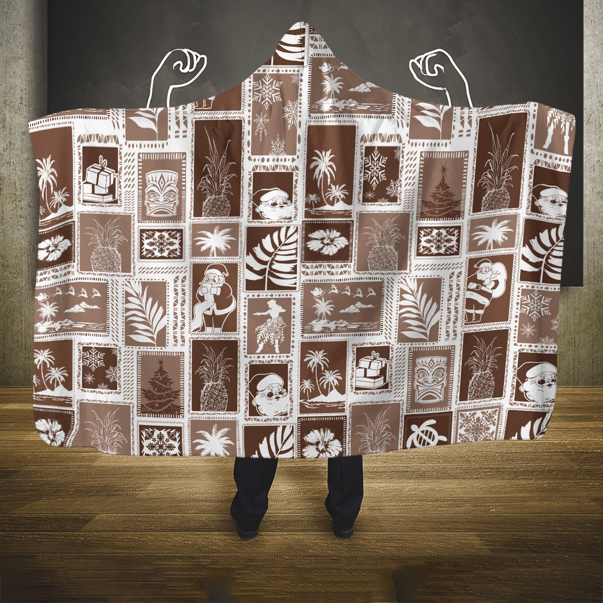 hawaii-christmas-retro-patchwork-hooded-blanket-brown