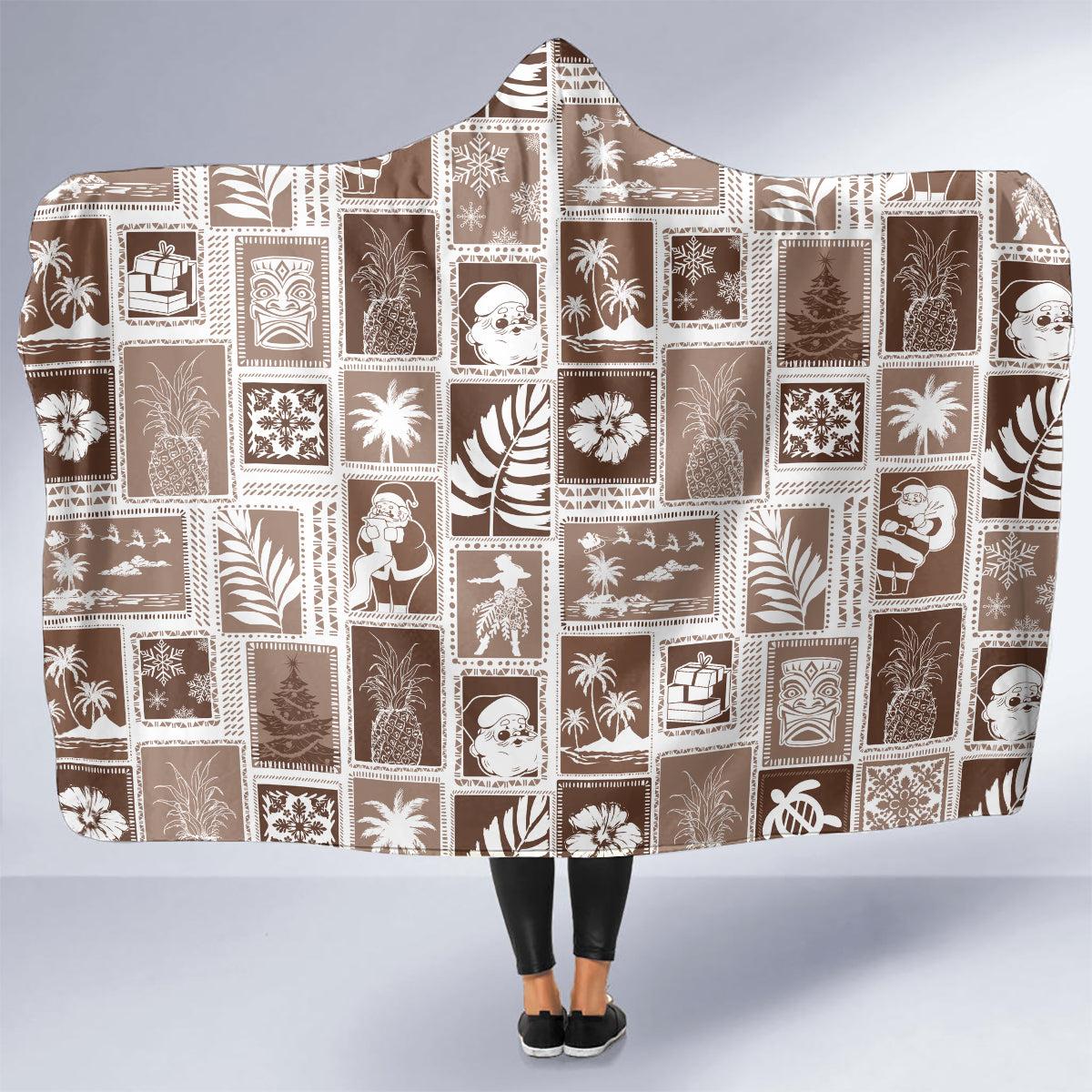 hawaii-christmas-retro-patchwork-hooded-blanket-brown