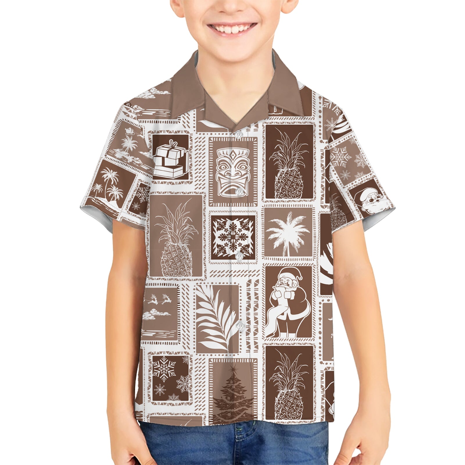 Hawaii Christmas Retro Patchwork Kid Hawaiian Shirt Brown - Wonder Print Shop