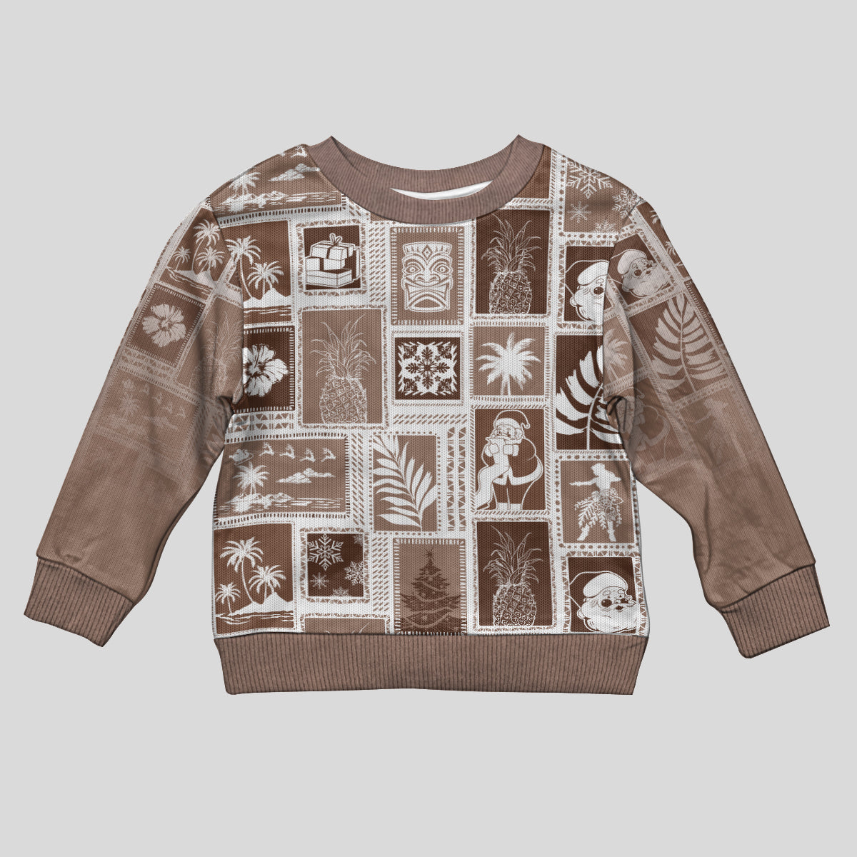 Hawaii Christmas Kid Ugly Christmas Sweater Retro Patchwork - Brown - Wonder Print Shop