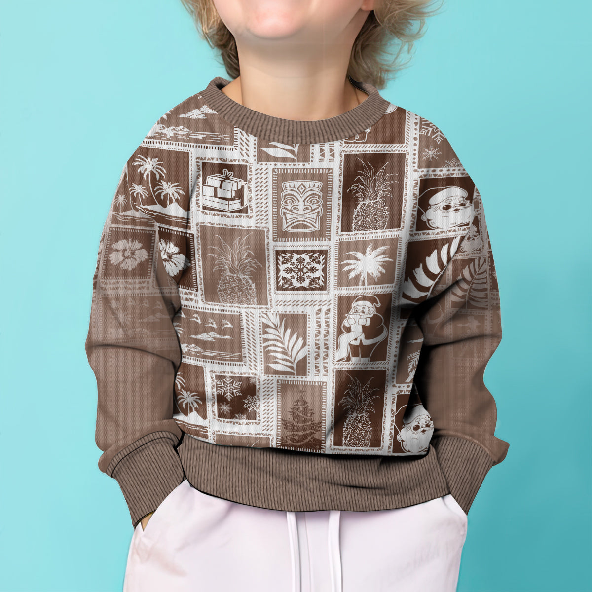 Hawaii Christmas Kid Ugly Christmas Sweater Retro Patchwork - Brown - Wonder Print Shop