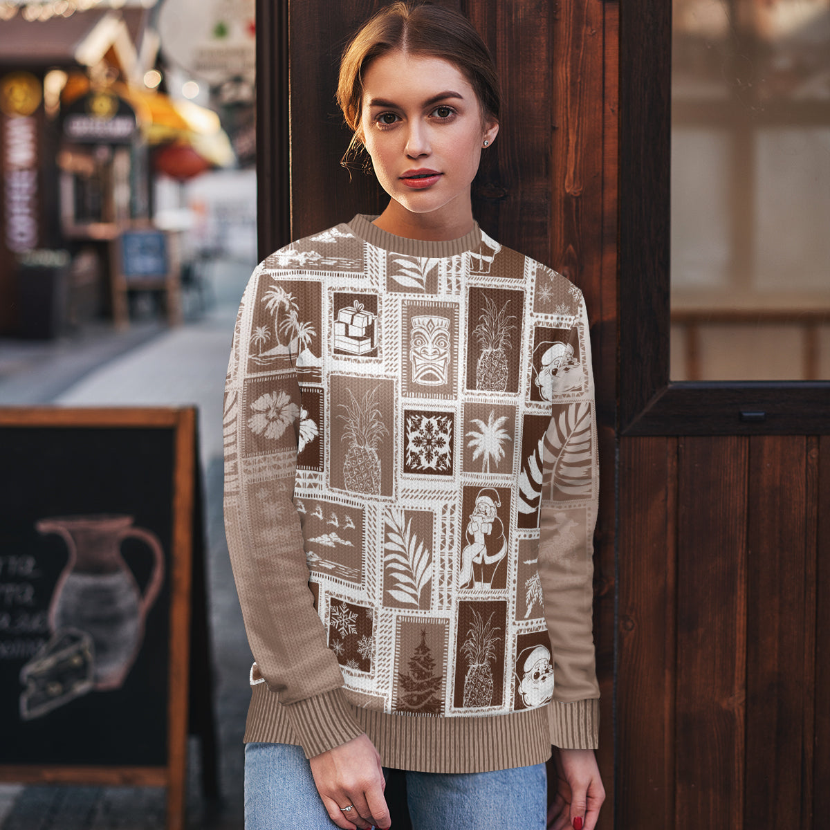 Hawaii Christmas Ugly Christmas Sweater Retro Patchwork - Brown - Wonder Print Shop