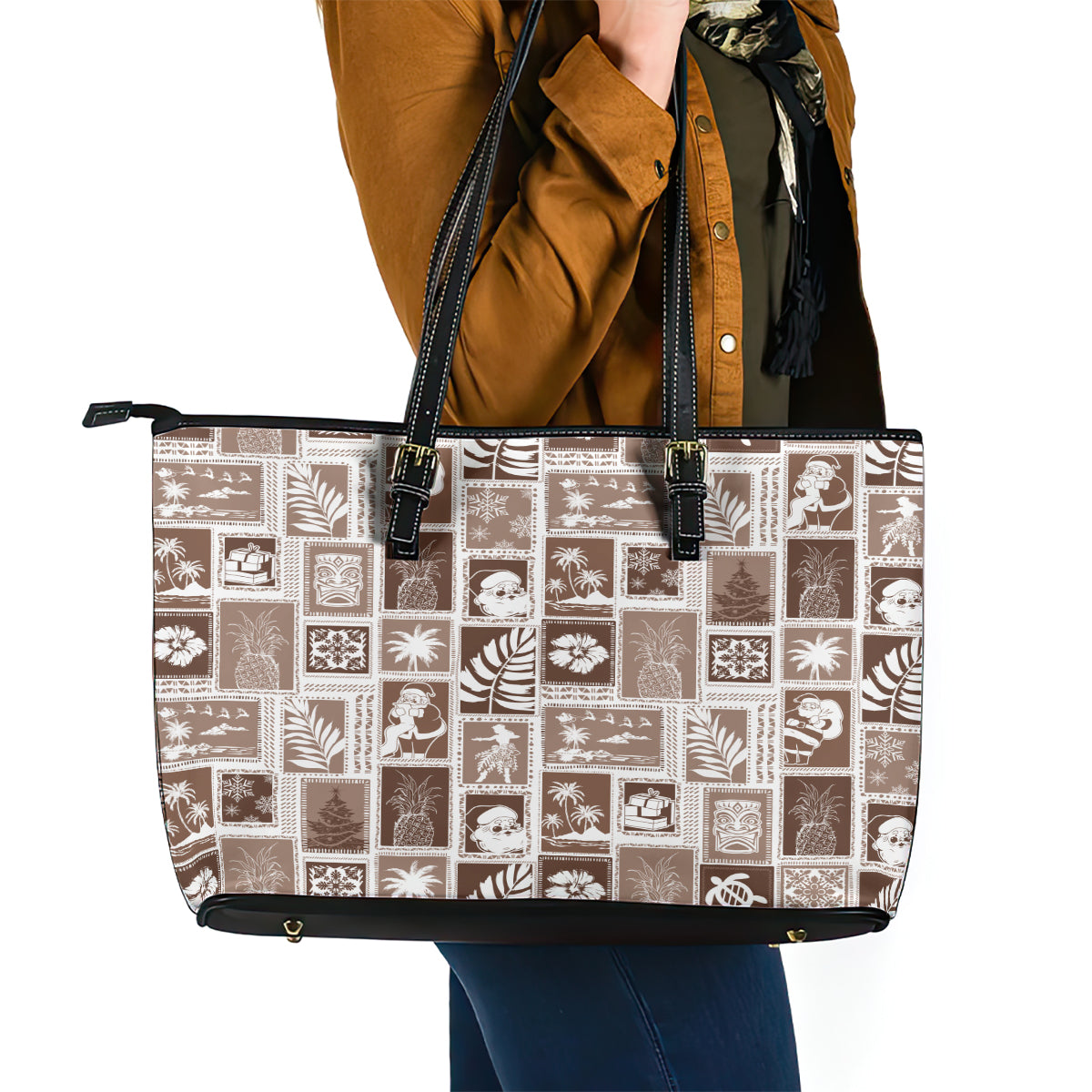 Hawaii Christmas Retro Patchwork Leather Tote Bag Brown - Wonder Print Shop