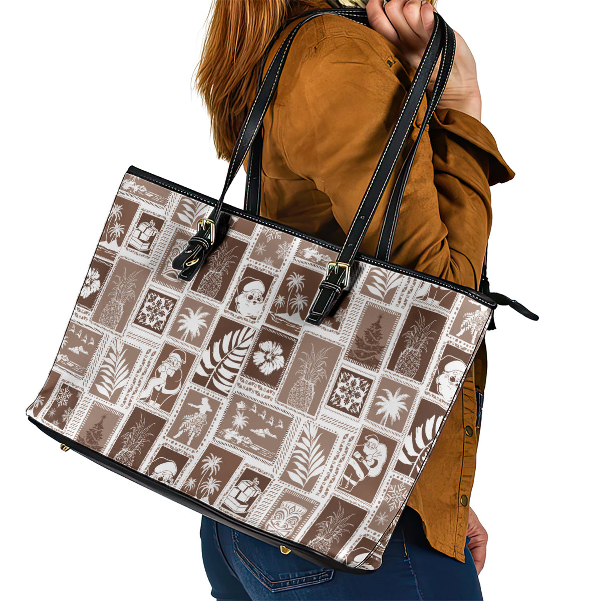 Hawaii Christmas Retro Patchwork Leather Tote Bag Brown - Wonder Print Shop