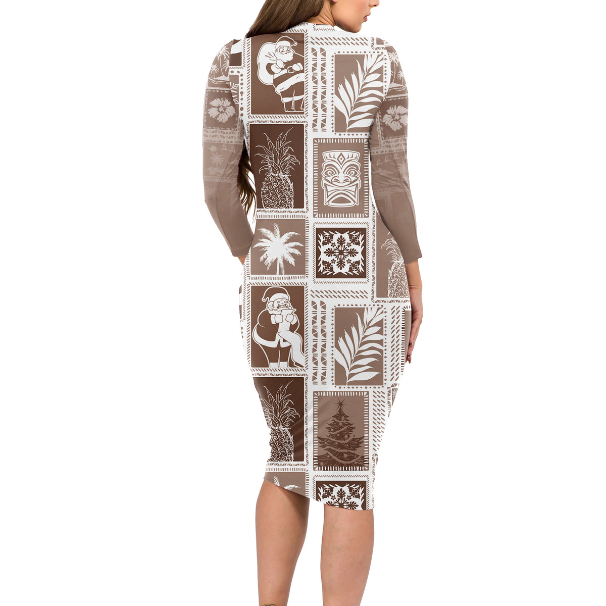 Hawaii Christmas Retro Patchwork Long Sleeve Bodycon Dress Brown - Wonder Print Shop