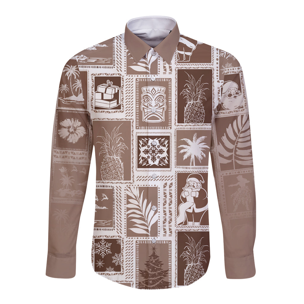 Hawaii Christmas Retro Patchwork Long Sleeve Button Shirt Brown - Wonder Print Shop