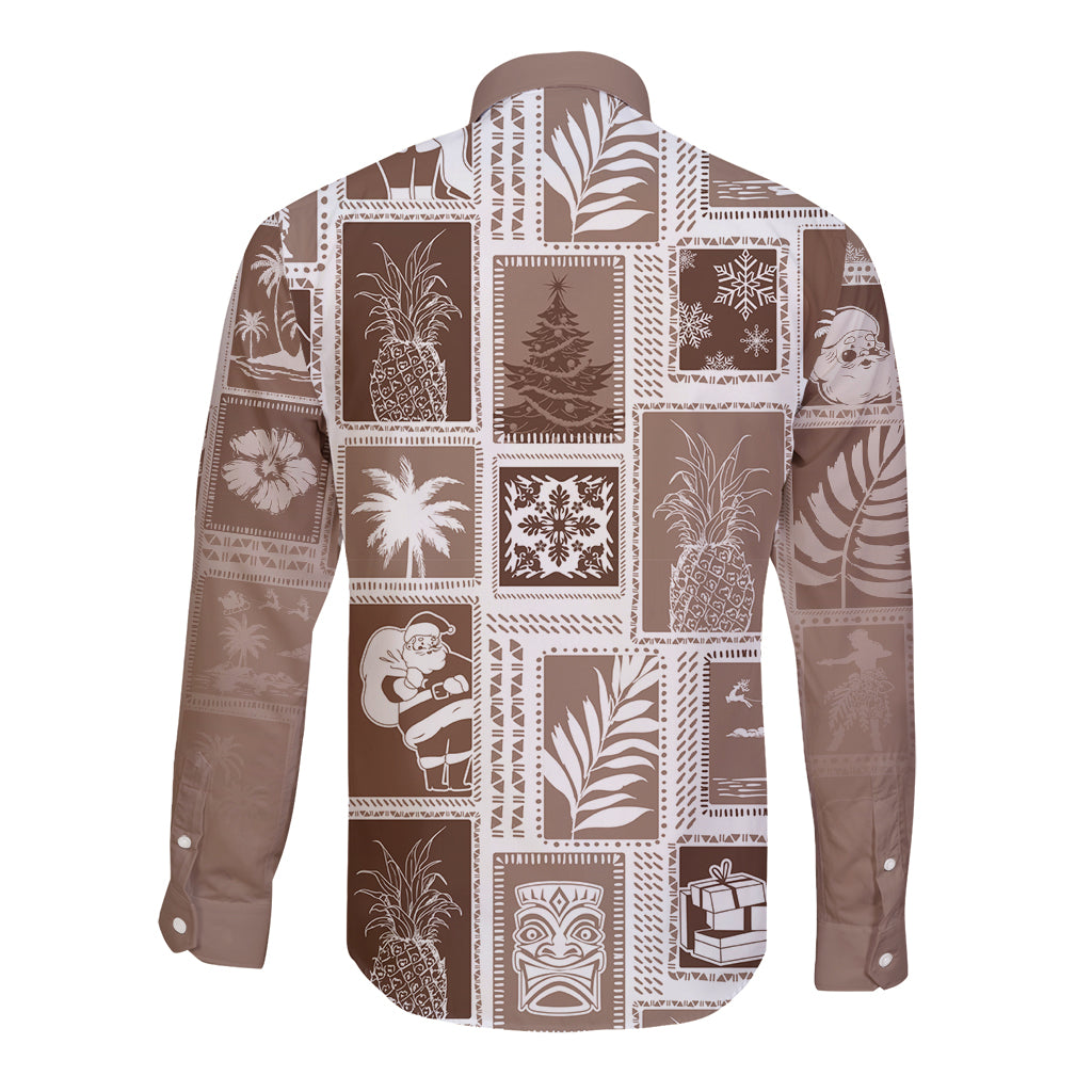 Hawaii Christmas Retro Patchwork Long Sleeve Button Shirt Brown - Wonder Print Shop