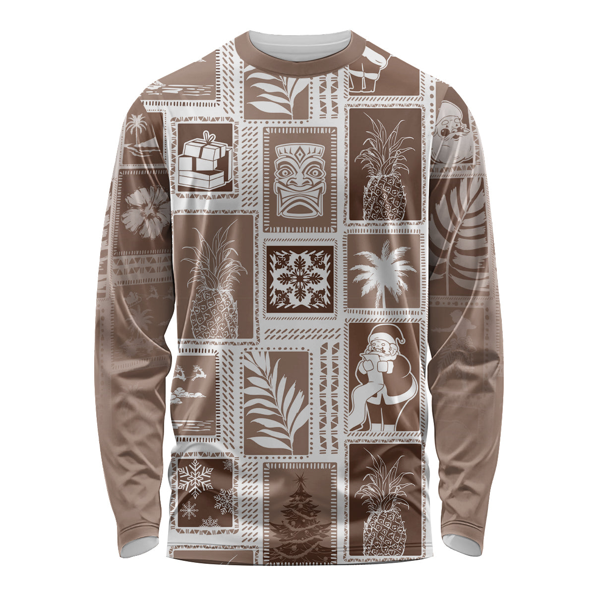 Hawaii Christmas Retro Patchwork Long Sleeve Shirt Brown - Wonder Print Shop