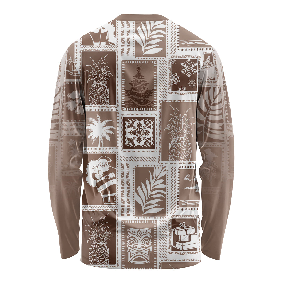 Hawaii Christmas Retro Patchwork Long Sleeve Shirt Brown - Wonder Print Shop