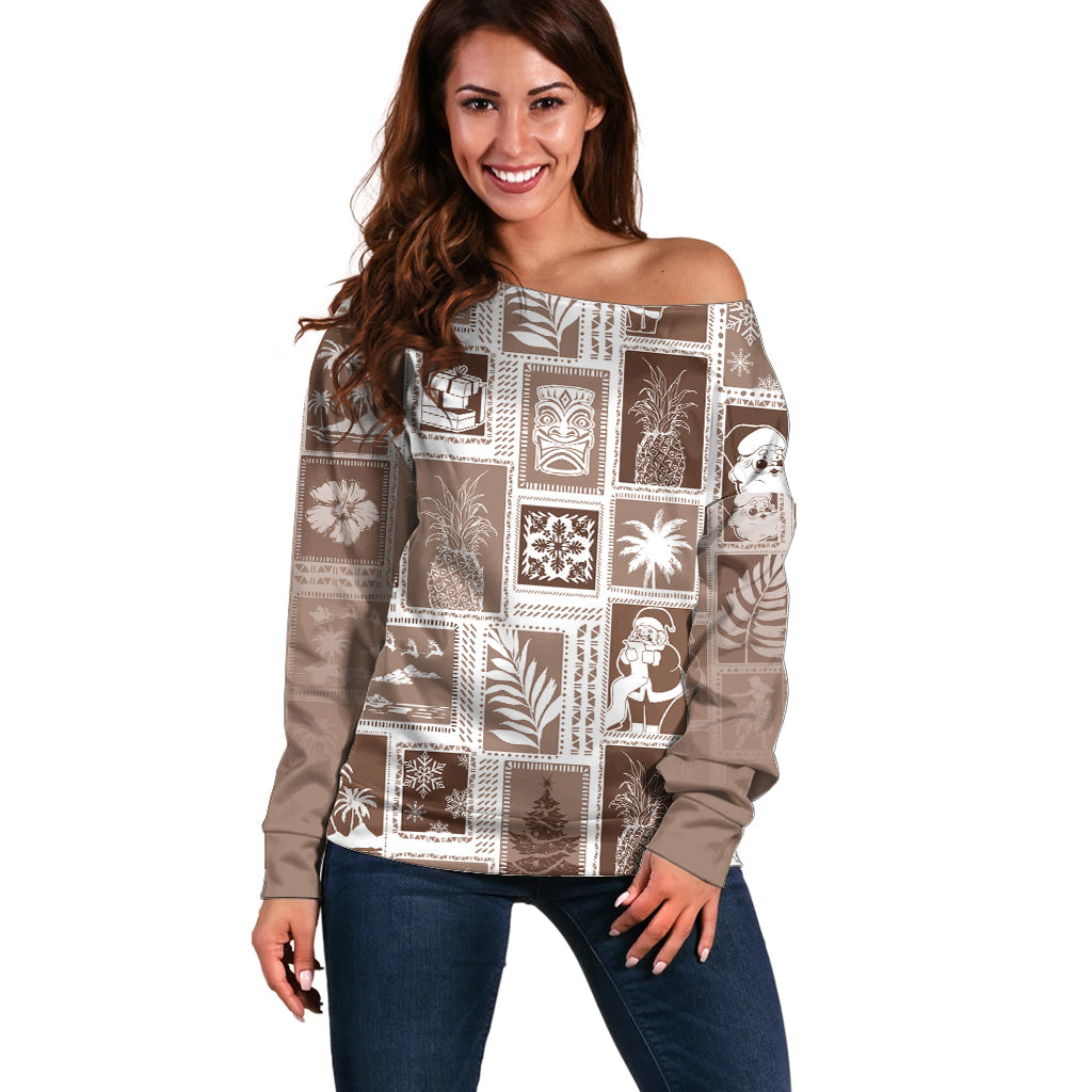 Hawaii Christmas Retro Patchwork Off Shoulder Sweater Brown - Wonder Print Shop
