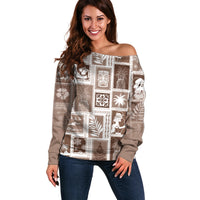 Hawaii Christmas Retro Patchwork Off Shoulder Sweater Brown - Wonder Print Shop
