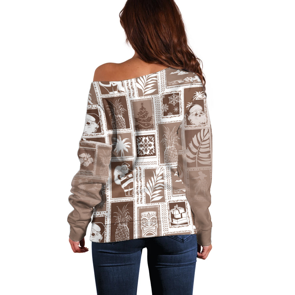 Hawaii Christmas Retro Patchwork Off Shoulder Sweater Brown - Wonder Print Shop
