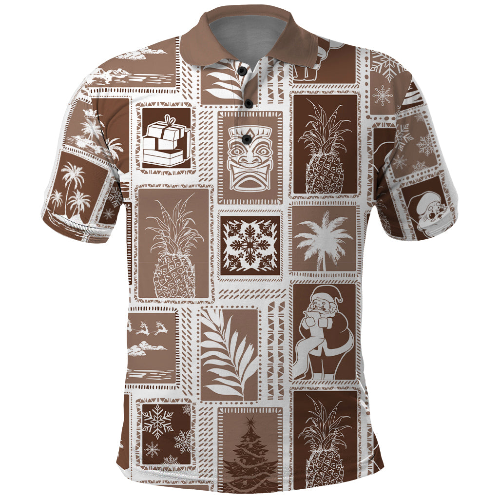 Hawaii Christmas Retro Patchwork Polo Shirt Brown - Wonder Print Shop