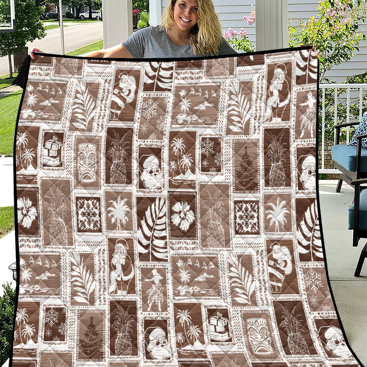 Hawaii Christmas Retro Patchwork Quilt Brown - Wonder Print Shop