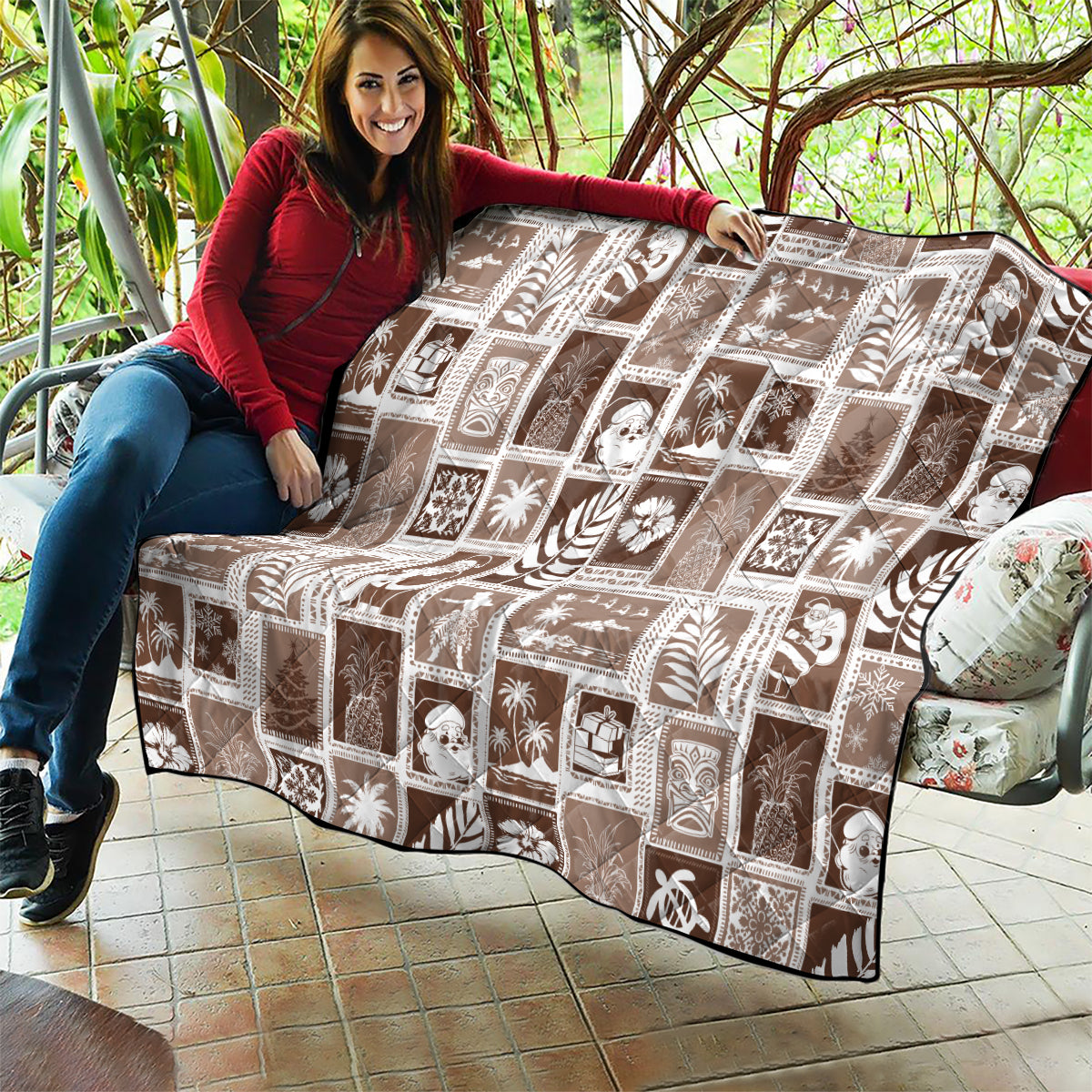 Hawaii Christmas Retro Patchwork Quilt Brown - Wonder Print Shop