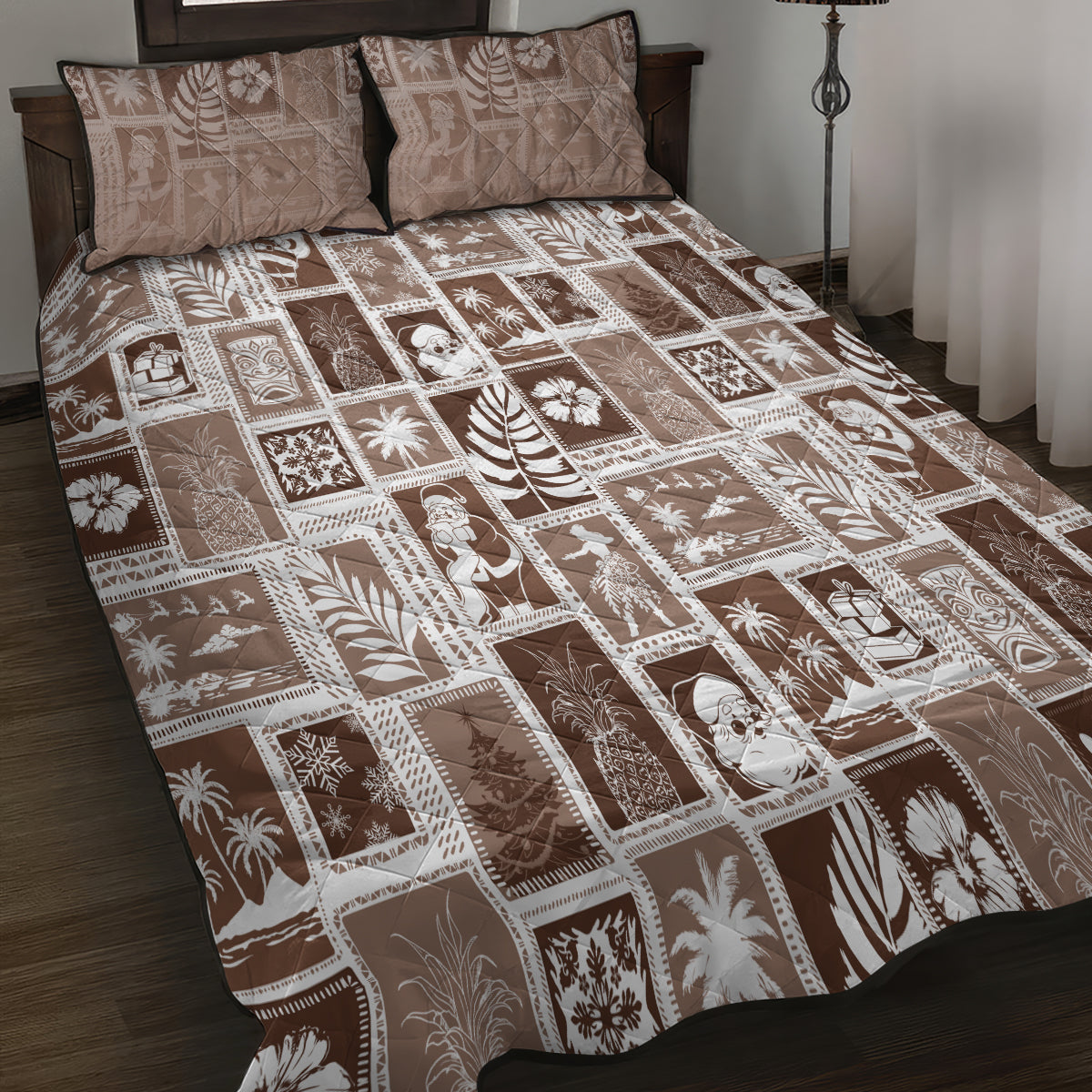 Hawaii Christmas Retro Patchwork Quilt Bed Set Brown - Wonder Print Shop