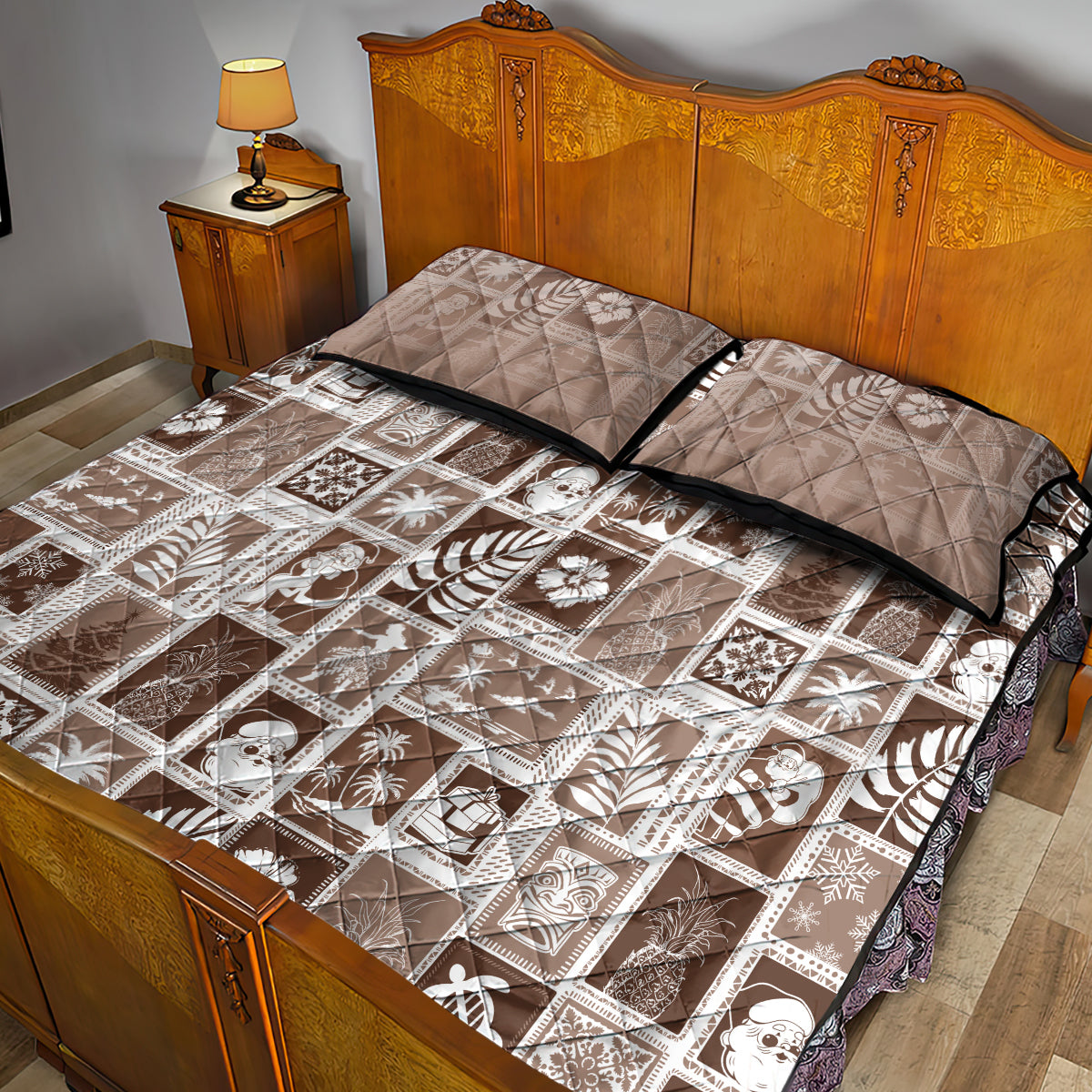 Hawaii Christmas Retro Patchwork Quilt Bed Set Brown - Wonder Print Shop