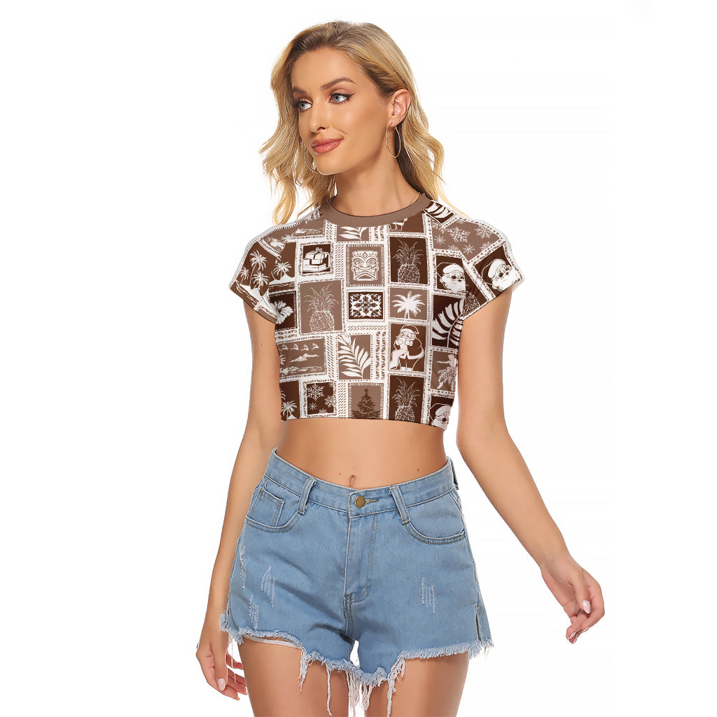 Hawaii Christmas Retro Patchwork Raglan Cropped T Shirt Brown - Wonder Print Shop
