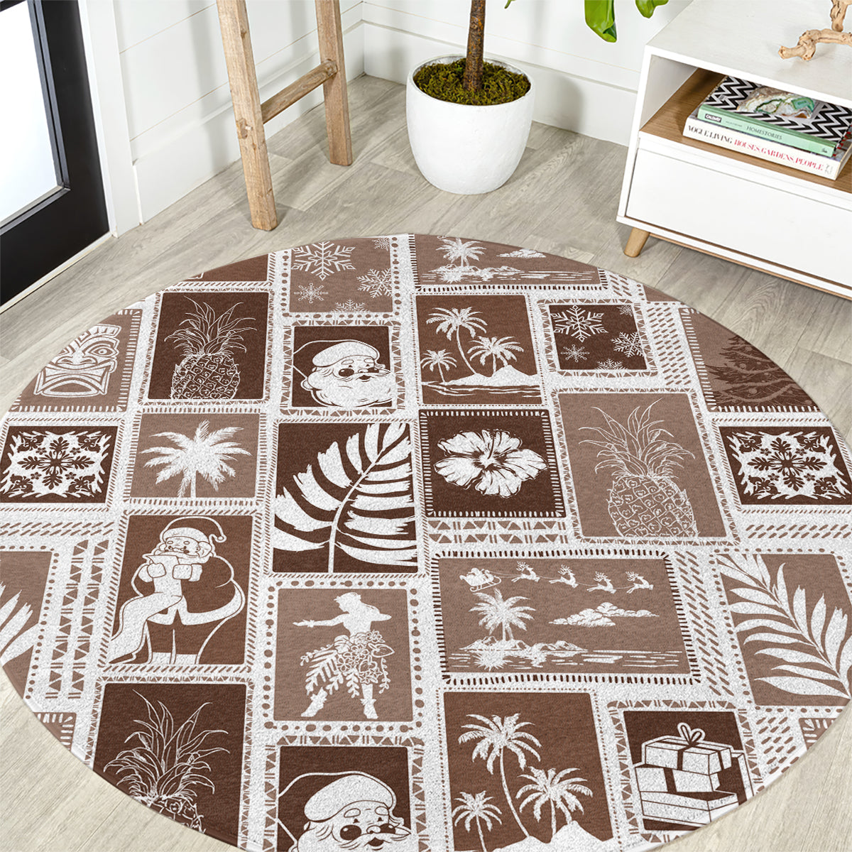 hawaii-christmas-retro-patchwork-round-carpet-brown