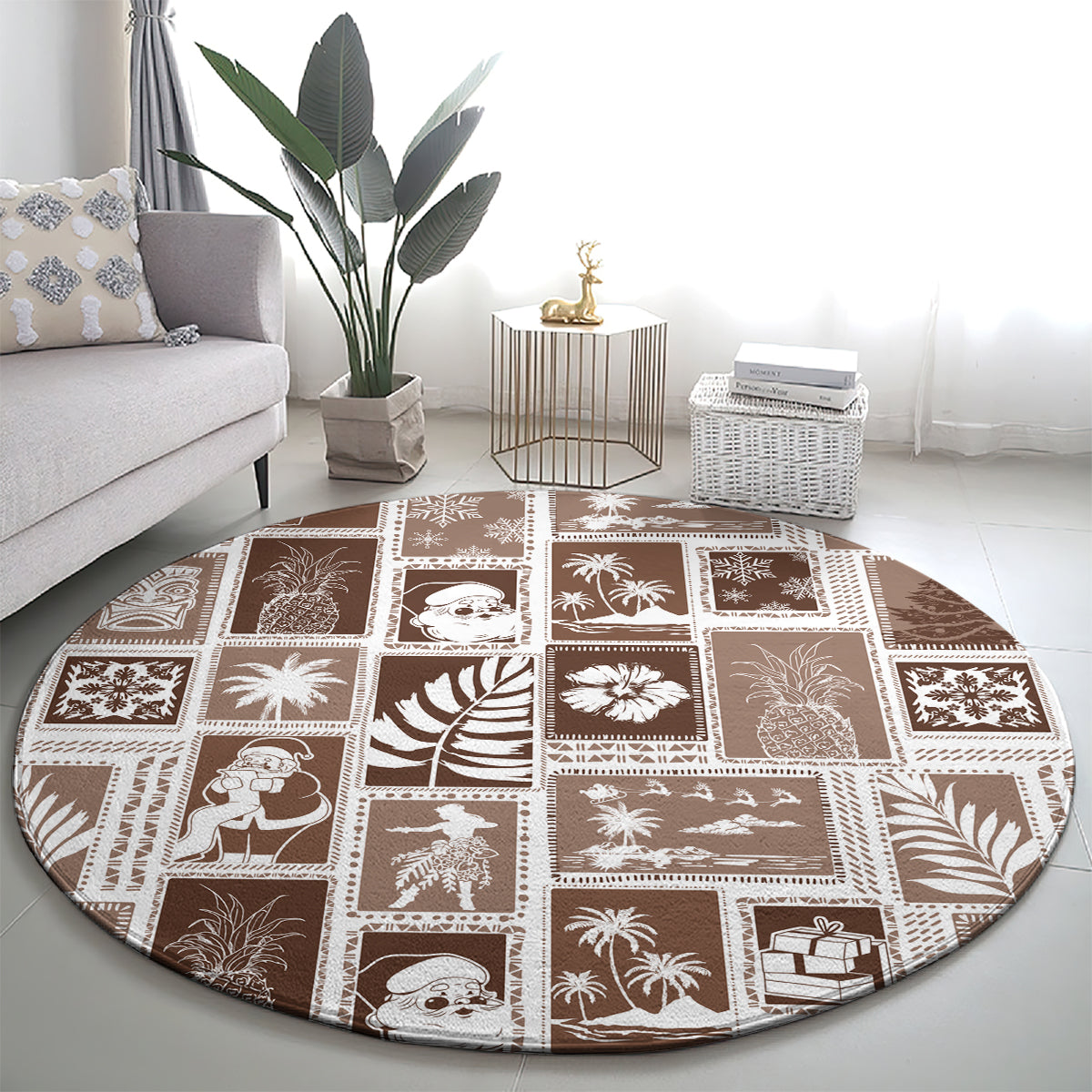 hawaii-christmas-retro-patchwork-round-carpet-brown