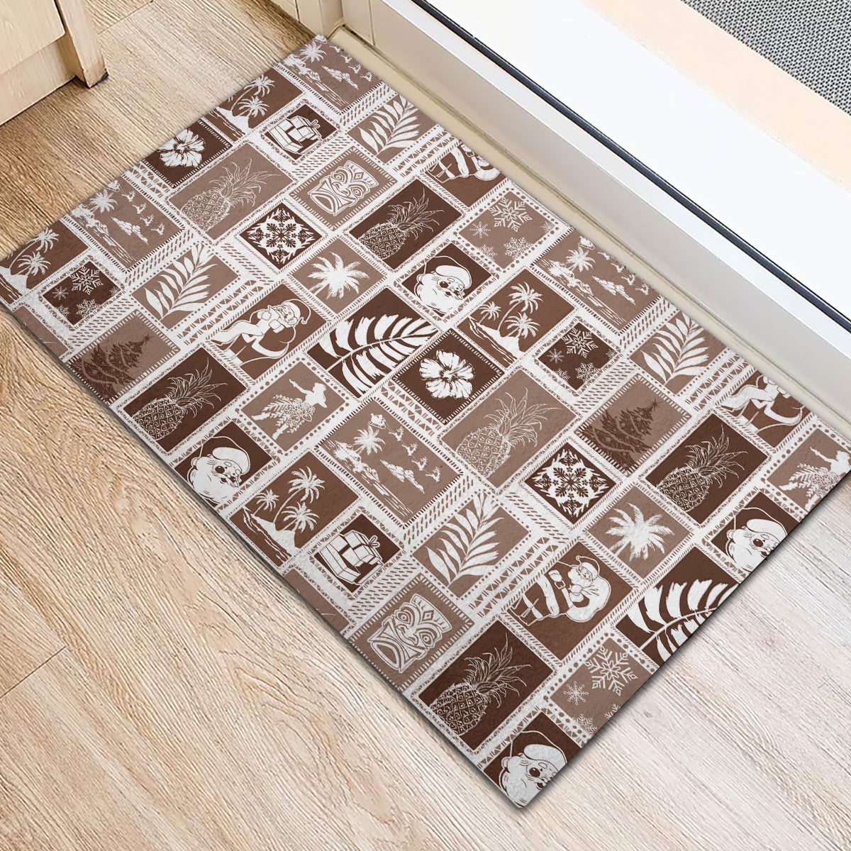 Hawaii Christmas Retro Patchwork Rubber Doormat Brown - Wonder Print Shop