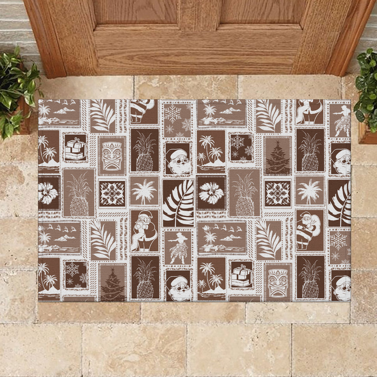 Hawaii Christmas Retro Patchwork Rubber Doormat Brown - Wonder Print Shop