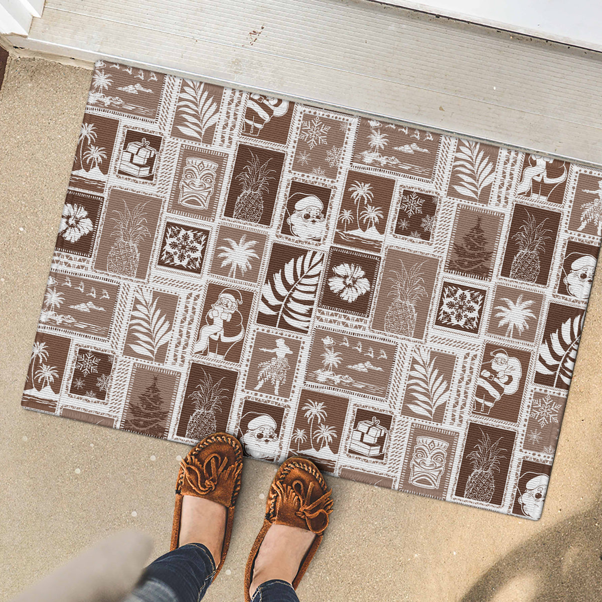 Hawaii Christmas Retro Patchwork Rubber Doormat Brown - Wonder Print Shop