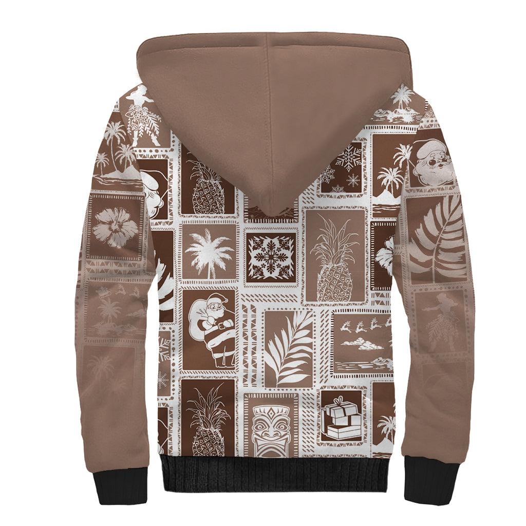 Hawaii Christmas Retro Patchwork Sherpa Hoodie Brown - Wonder Print Shop