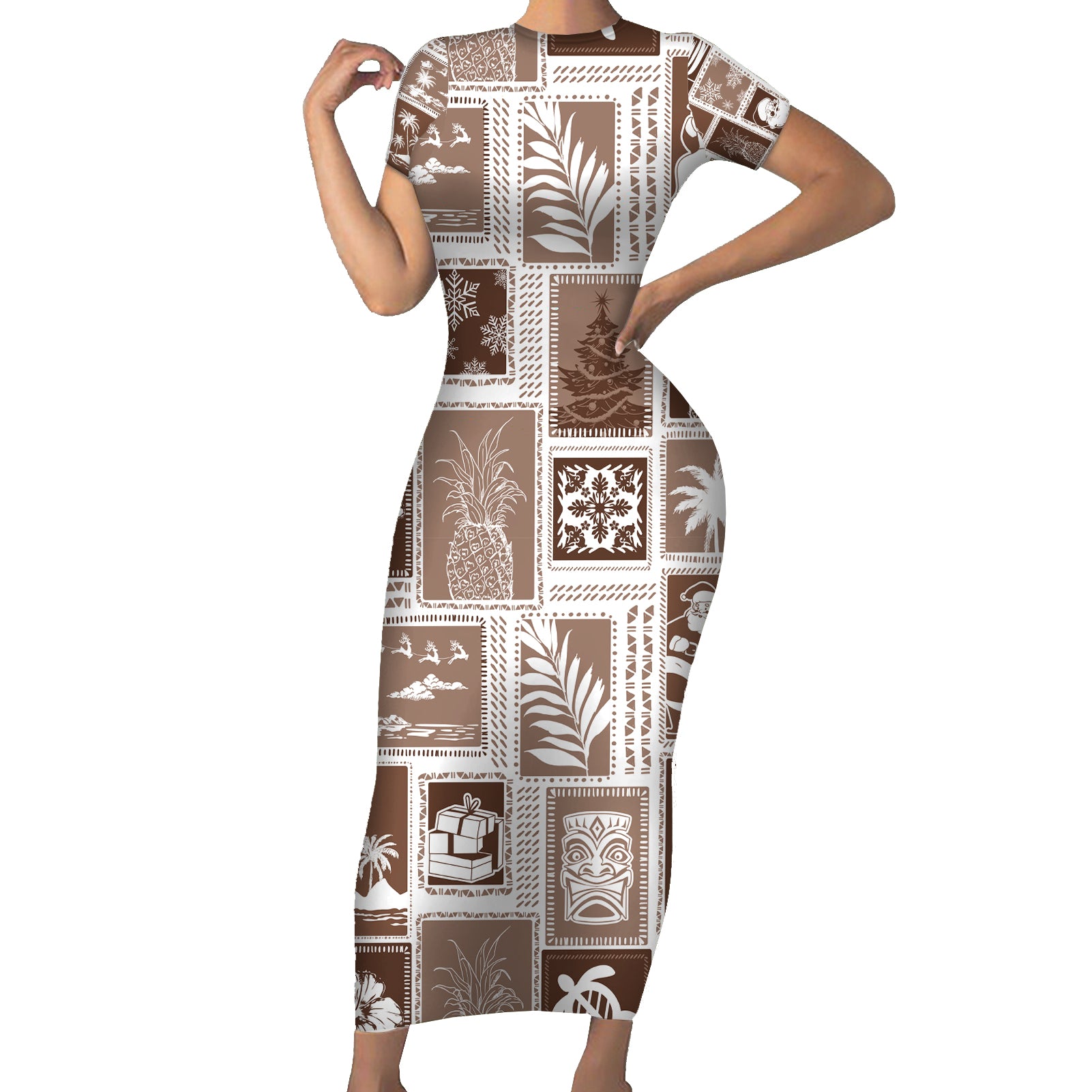 Hawaii Christmas Retro Patchwork Short Sleeve Bodycon Dress Brown - Wonder Print Shop