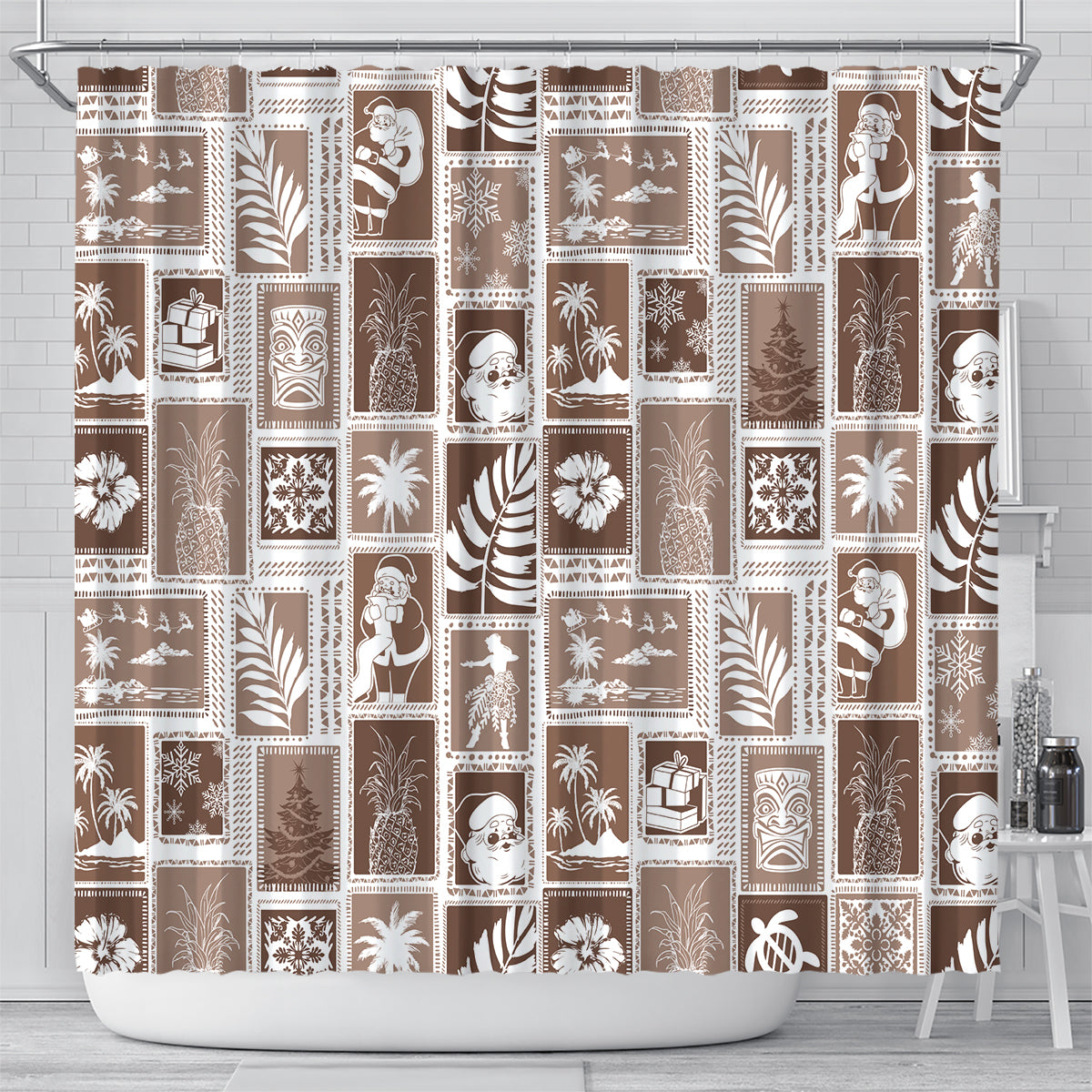 hawaii-christmas-retro-patchwork-shower-curtain-brown