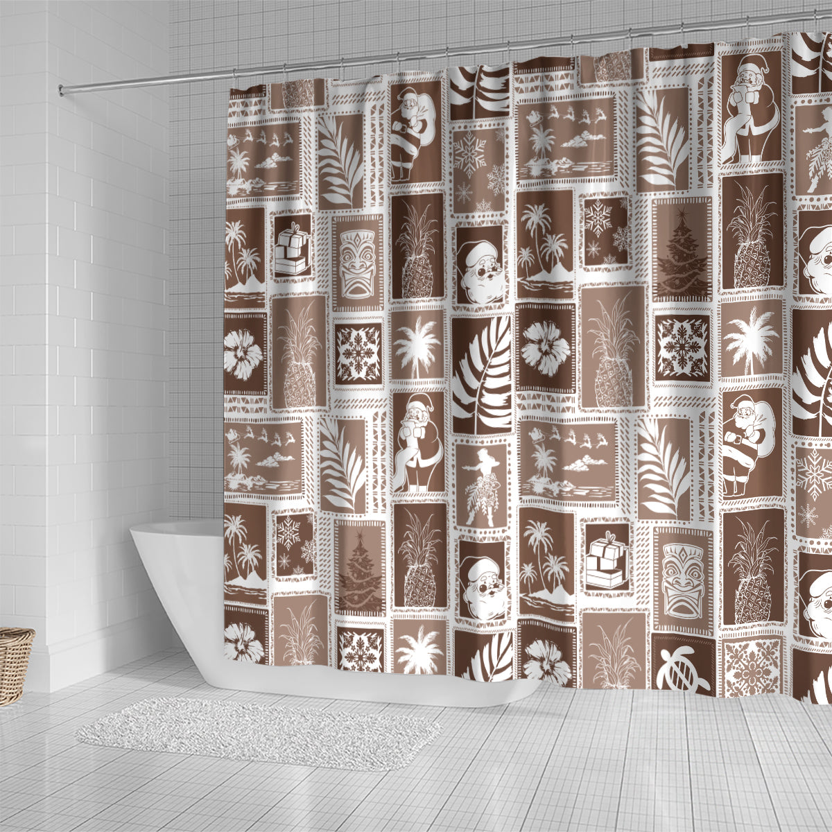 hawaii-christmas-retro-patchwork-shower-curtain-brown