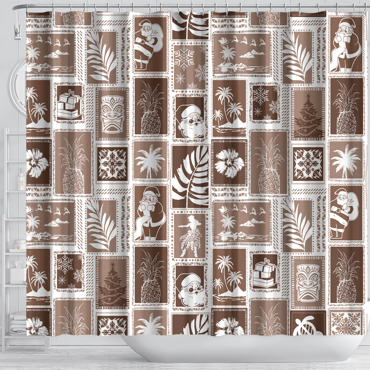 hawaii-christmas-retro-patchwork-shower-curtain-brown