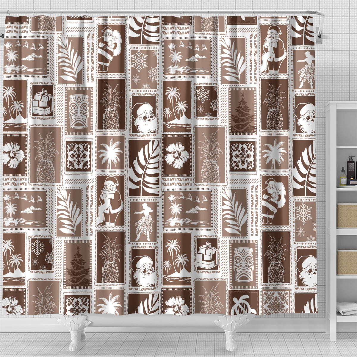 hawaii-christmas-retro-patchwork-shower-curtain-brown