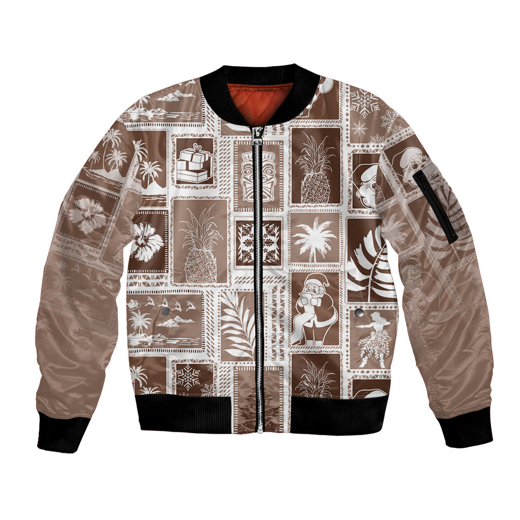 Hawaii Christmas Retro Patchwork Sleeve Zip Bomber Jacket Brown - Wonder Print Shop