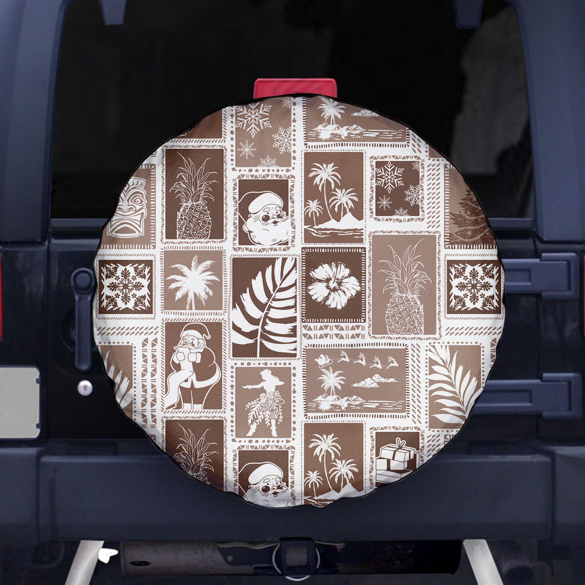 Hawaii Christmas Retro Patchwork Spare Tire Cover Brown - Wonder Print Shop