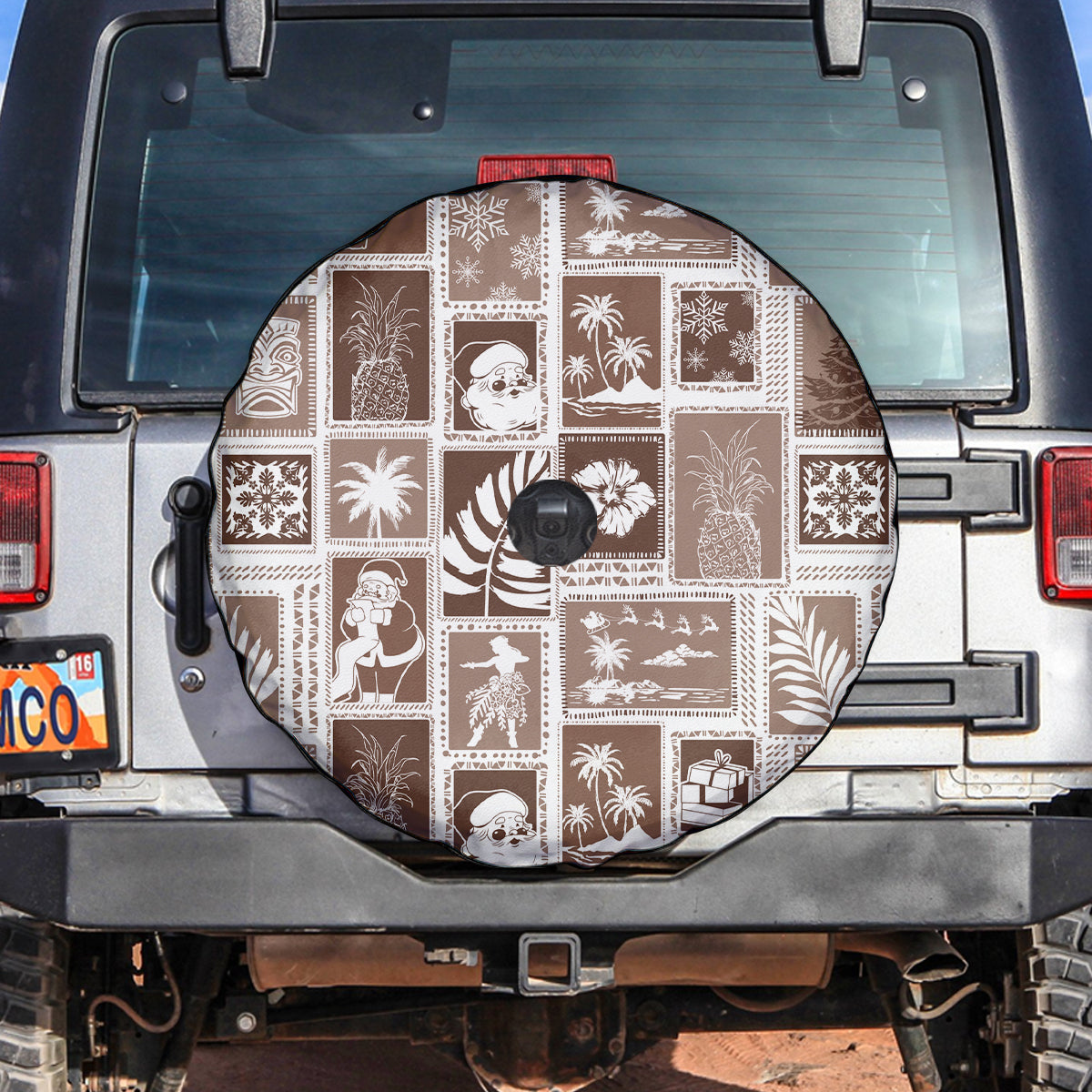 Hawaii Christmas Retro Patchwork Spare Tire Cover Brown - Wonder Print Shop