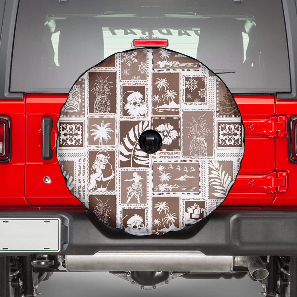 Hawaii Christmas Retro Patchwork Spare Tire Cover Brown - Wonder Print Shop