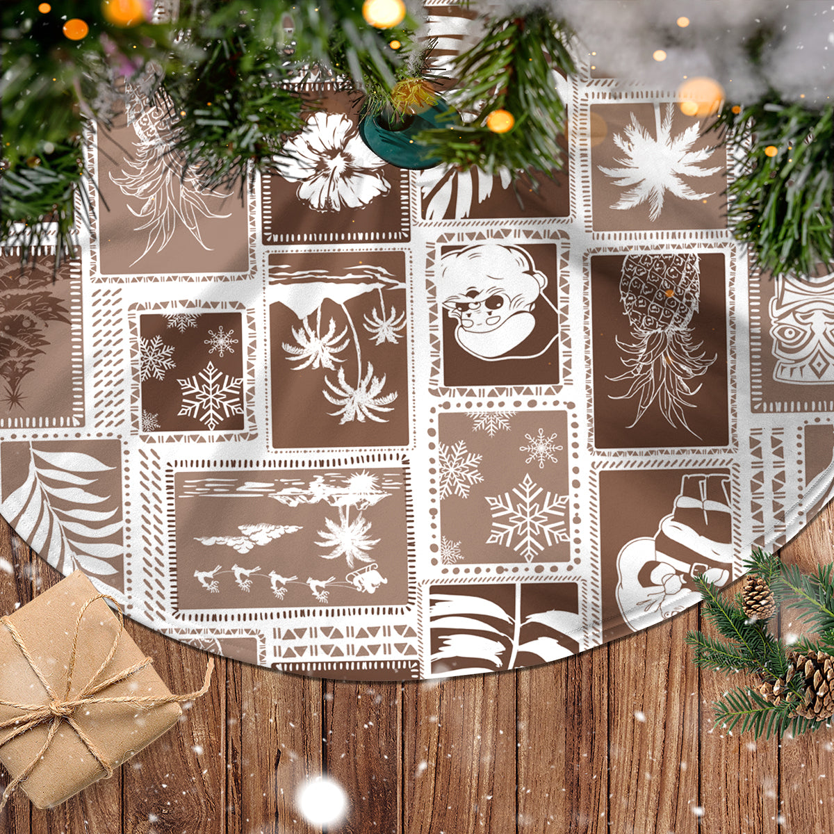 Hawaii Christmas Tree Skirt Retro Patchwork - Brown - Wonder Print Shop