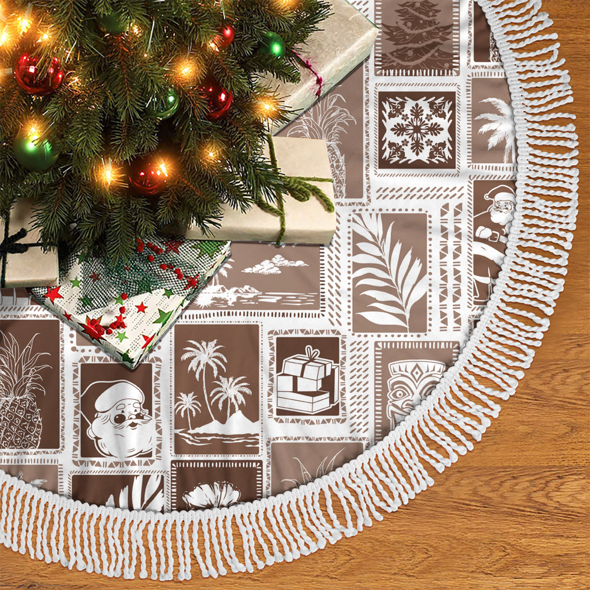 Hawaii Christmas Tree Skirt Retro Patchwork - Brown - Wonder Print Shop