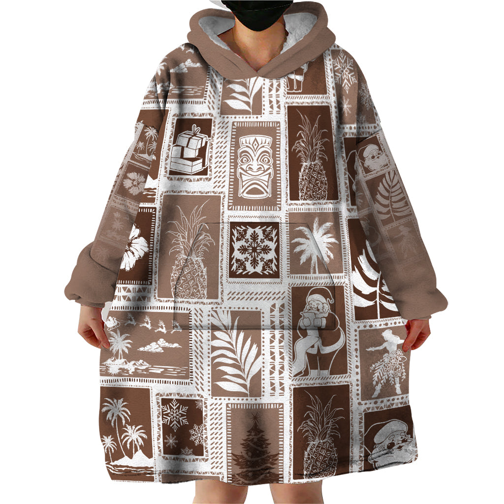 Hawaii Christmas Retro Patchwork Wearable Blanket Hoodie Brown - Wonder Print Shop