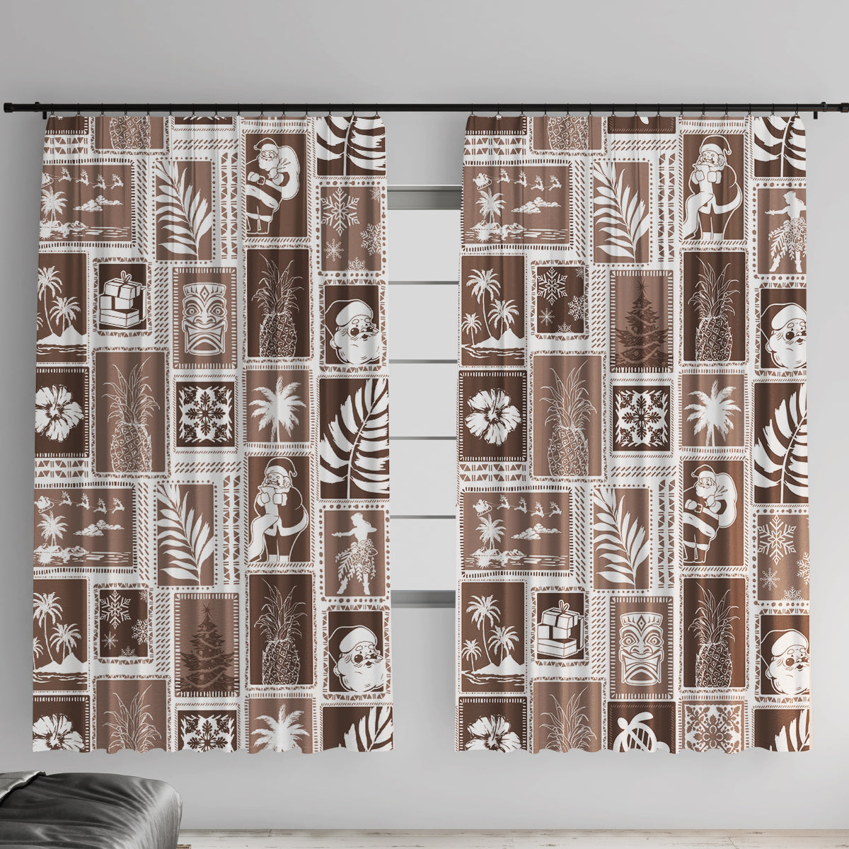 Hawaii Christmas Retro Patchwork Window Curtain Brown - Wonder Print Shop