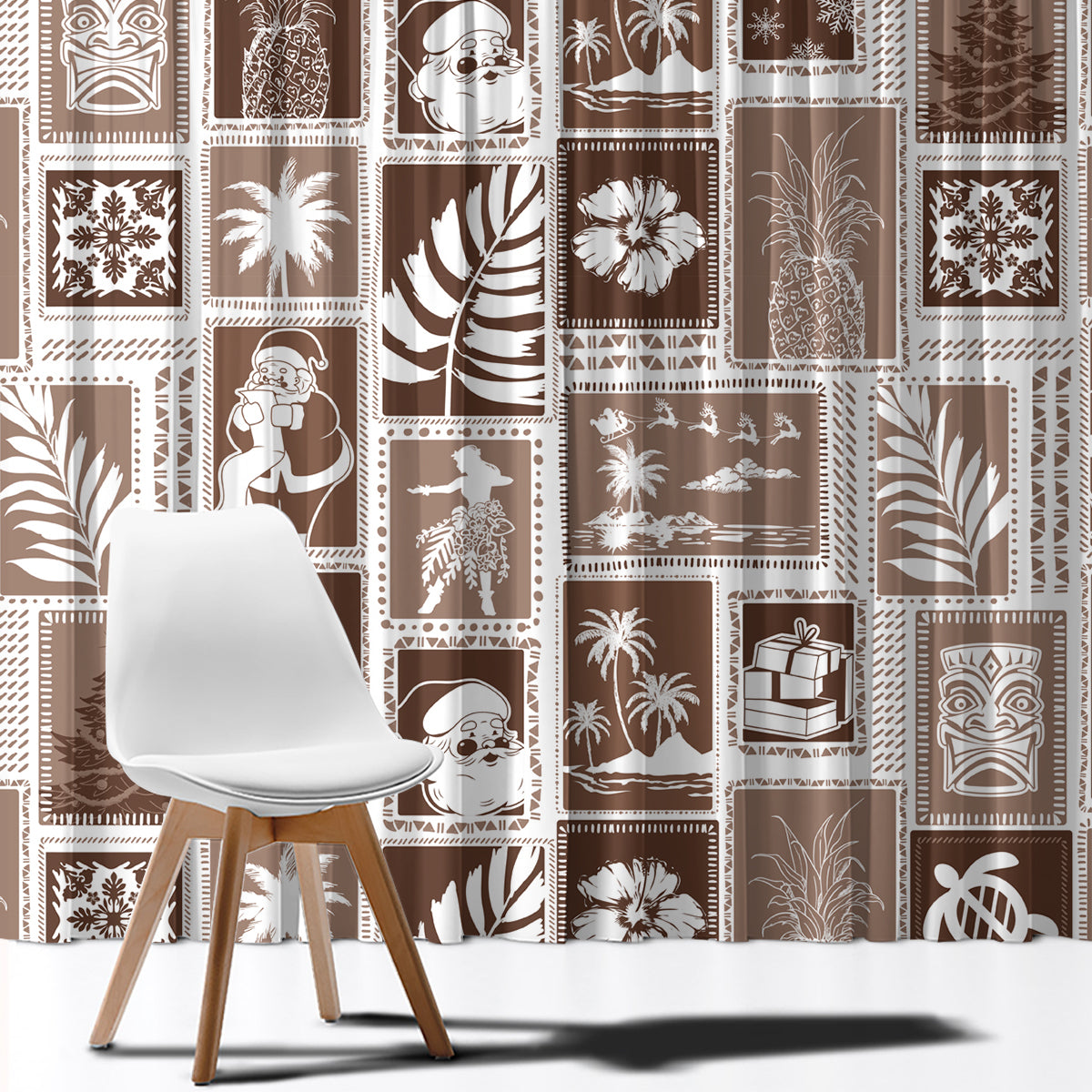 Hawaii Christmas Retro Patchwork Window Curtain Brown - Wonder Print Shop